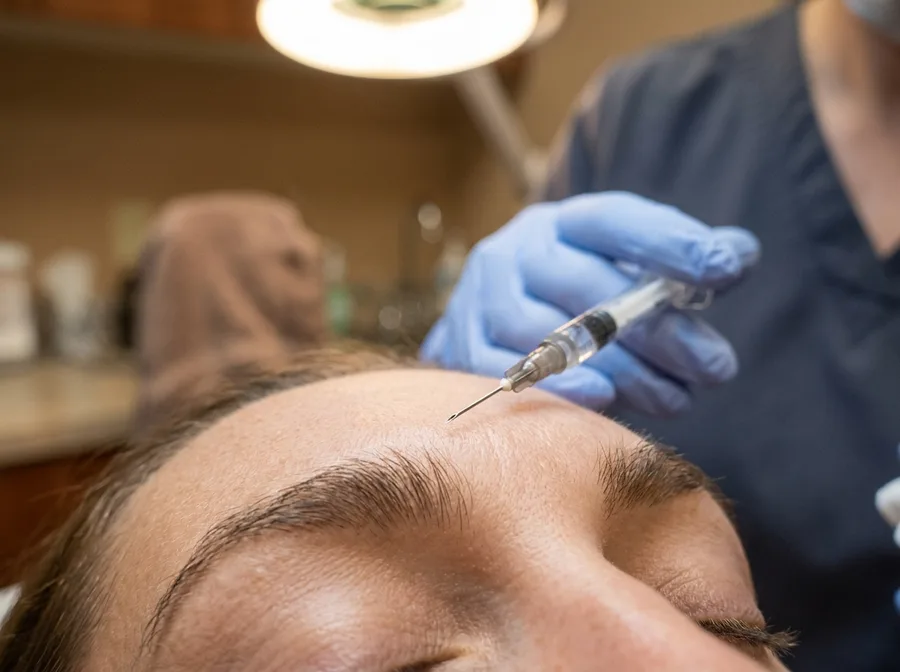 a fine syringe tip positioned near a brow line, clinical but warm lighting, extreme close-up, blurred background suggesting a treatment room