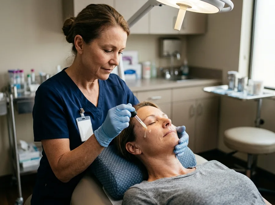 a nurse applying a pale serum to a patient