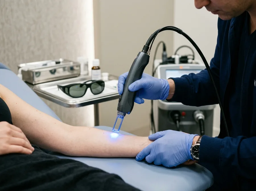 a handheld laser device being positioned over skin with protective eyewear visible in the background, cool blue treatment light, clinical setting