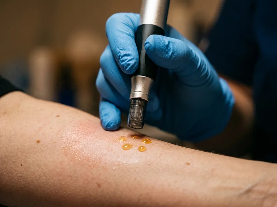 a microneedling pen held above skin, small drops of golden serum visible on the surface, clinical gloved hand, warm focused lighting
