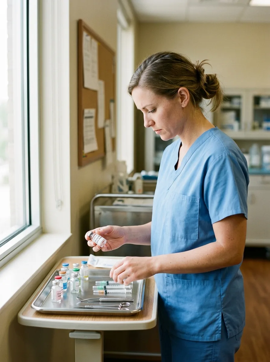 a nurse in scrubs studying a treatment tray of small vials and instruments, head slightly bowed, soft daylight from a window, focused and unhurried atmosphere